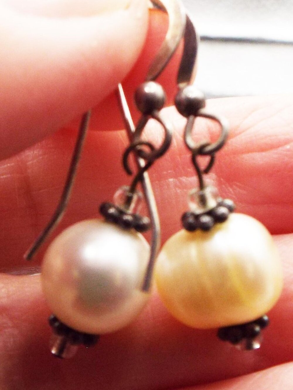 ODD OBLONG NATURAL WHITE 11.15MM PEARLS STERLING WIRES DROP EARRINGS 56 - Picture 2 of 2